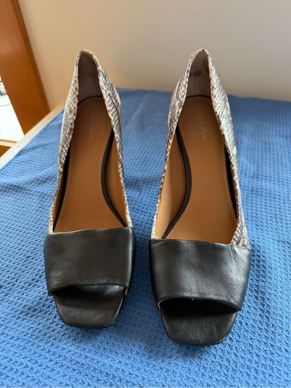 Calvin Klein Black & Snakeskin Peep-Toe Heels